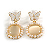 Butterfly with Square Cat's Eye Stone Pearl Bead Drop Earrings in Gold Tone - 28mm Long