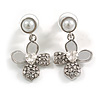 Crystal Four Petal Flower Drop Earrings in Silver Tone - 35mm Long