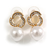 Dainty Crystal Cat's Eye Flower with Faux Pearl Bead Drop Earrings in Gold Tone - 30mm Long