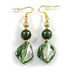 Forest Green Shell Bead Drop Earrings in Gold Tone - 60mm Long