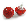 Lightweight Button-Shaped Acrylic Stud Earrings in Red with Black Cracked Effect - 15mm Diameter