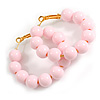 Medium Size Pastel Pink Acrylic Bead Hoop Earrings in Gold Tone - 40mm Diameter