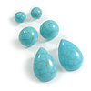 10mm Button/15mm Button/Teardrop Shaped Lightweight Acrylic Stud Earrings in Turquoise with Black Cracked Effect - Set Of 3 Pairs