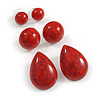 10mm Button/15mm Button/Teardrop Shaped Lightweight Acrylic Stud Earrings in Red with Black Cracked Effect - Set Of 3 Pairs