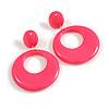 Large Solid Round Glossy Acrylic Dangle Earrings in Bright Pink Colour - 85mm Long