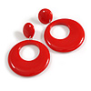 Large Solid Round Glossy Acrylic Dangle Earrings in Hot Red Colour - 85mm Long