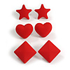 Star/Heart/Diamond Shaped Red Matte Acrylic Stud Earrings - Set Of 3 Pairs