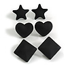 Star/Heart/Diamond Shaped Black Matte Acrylic Stud Earrings - Set Of 3 Pairs