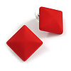 Square Ribbed Matte Red Acrylic Stud Earrings - 18mm Tall