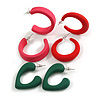 Deep Pink/Dark Green/Red Matte Acrylic Hoop Earrings - Set of 3 Pairs