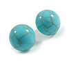 Lightweight Button-Shaped Acrylic Stud Earrings in Turquoise Colour and Brown Cracked Effect - 15mm Diameter