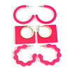 Square/Round/Wavy Shaped Glossy Acrylic Hoop Earrings in Neon Pink - Set of 3 Pairs