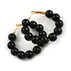 Medium Size Black Acrylic Bead Hoop Earrings in Gold Tone - 40mm Diameter