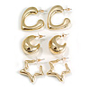 Heart/Half Hoop/Star Shaped Lightweight Gold Mirrored Effect Acrylic Hoop Earring Set of 3 Pair