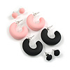 Set of Two Matte Acrylic Hoop and Button Earrings in Pastel Pink/Black Colours - 35mm Long/ 10mm Diameter