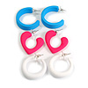 Sky Blue/White/Deep Pink Matte Acrylic Hoop Earrings - Set of 3 Pairs