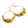 50mm/Large Hoop Earrings in Gold Tone with Graduated Yellow Wooden Beads - 8cm Total Drop