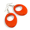 Fiery Ember: Glossy Orange Wooden Oval Dangle Earrings - 65mm Long