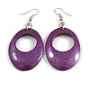 Midnight Amethyst: Glossy Purple Wooden Oval Dangle Earrings - 65mm Long