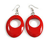 Scarlet Aura: Lightweight Red Wooden Oval Dangle Earrings - 65mm Long