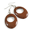 Earthy Elegance: Glossy Brown Wooden Oval Dangle Earrings - 65mm Long