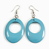 Sky Breeze: Glossy Light Blue Wooden Oval Dangle Earrings - 65mm Long