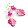 Fuchsia Glass Bead & Irregular Shell Dangle Earrings with 925 Sterling Silver Hooks – 60mm Drop