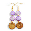 Purple & Caramel Shell Coin Dangle Earrings with Gold Tone Accents and 925 Sterling Silver Hooks – 65mm Drop