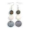 Monochrome Shell Coin Dangle Earrings with Silver Tone Accents and 925 Sterling Silver Hooks – 65mm Drop