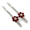 Pair Of Red/ Clear Crystal 'Daisy' Hair Slides In Rhodium Plating - 55mm Length