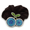 Rhodium Plated Swarovski Crystal 'Double Cherry' Pony Tail Black Hair Scrunchie - AB/ Blue