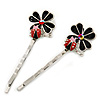 2 Teen Enamel Crystal 'Flower & Ladybug' Hair Grips/ Slides In Rhodium Plating - 50mm Across