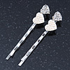 2 Bridal/ Prom Crystal, Simulated Pearl 'Double Heart' Hair Grips/ Slides In Rhodium Plating - 55mm Across