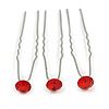 3pcs Bridal/ Wedding/ Prom/ Party Red Crystal Hair Pins In Silver Tone - 70mm L