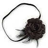 Black Silk Rose Flower with Feather Elastic Headband/ Headwrap