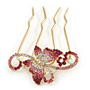 Statement Magenta/ Pink / AB Crystal Butterfly Side Comb In Gold Plated Metal - 95mm L