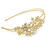 Bridal/ Wedding/ Prom Matte Bright Gold Tone Clear Crystal, White Faux Pearl Floral Tiara Headband - Flex