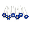 Bridal/ Wedding/ Prom/ Party Set Of 6 Sapphired Blue Austrian Crystal Daisy Flower Hair Pins In Silver Tone