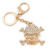 Clear Crystal Skull & Crossbones Keyring/ Bag Charm In Gold Tone - 12cm L