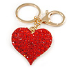 Hot Red Crystal Puffed Heart Keyring/ Bag Charm In Gold Tone Metal  - 8cm L