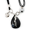 Black Enamel Teardrop Crystal Cord Pendant Necklace