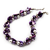 Exquisite Faux Pearl & Shell Composite Silver Tone Link Necklace (Purple & White) - 44cm L/ 3cm Ext