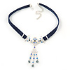 Victorian Dark Blue Suede Style Diamante Choker Necklace In Silver Tone Metal - 34cm Length with 7cm extension