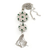 Green Jade/ Rose Quartz Stone 'Chain Tassel' Pendant Necklace In Rhodium Plating - 44cm Length/ 6cm Extension