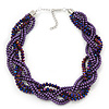 Luxurious Braided Purple Bead Choker Necklace In Silver Plating - 36cm Length/5cm Extension