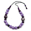 Lilac/ Purple Wood Bead Cotton Cord Necklace - 70cm L (Adjustable)