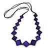 Long Deep Purple Bone Square Bead Black Cotton Cord Necklace (possible natural irregularities) - 82cm L