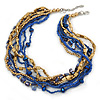 Multistrand Blue Glass Bead, Violet Blue Shell Nugget, Gold Acrylic Bead Necklace - 47cm L/ 4cm Ext