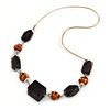 Copper Wire Metal Balls, Black Wood Beads with Gold Cord Necklace - 70cm L