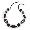 Deep Purple/ Brown Wood Bead Wire Detailing with Black Faux Leather Cord Necklace - 66cm L